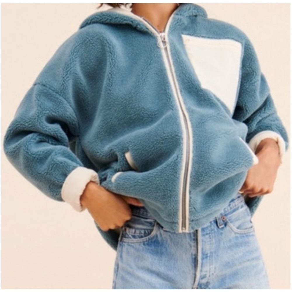 Capulet Alysia Blue Teddy Fleece Oversized Zip Up Hoodie Jacket XS Cream Pocket